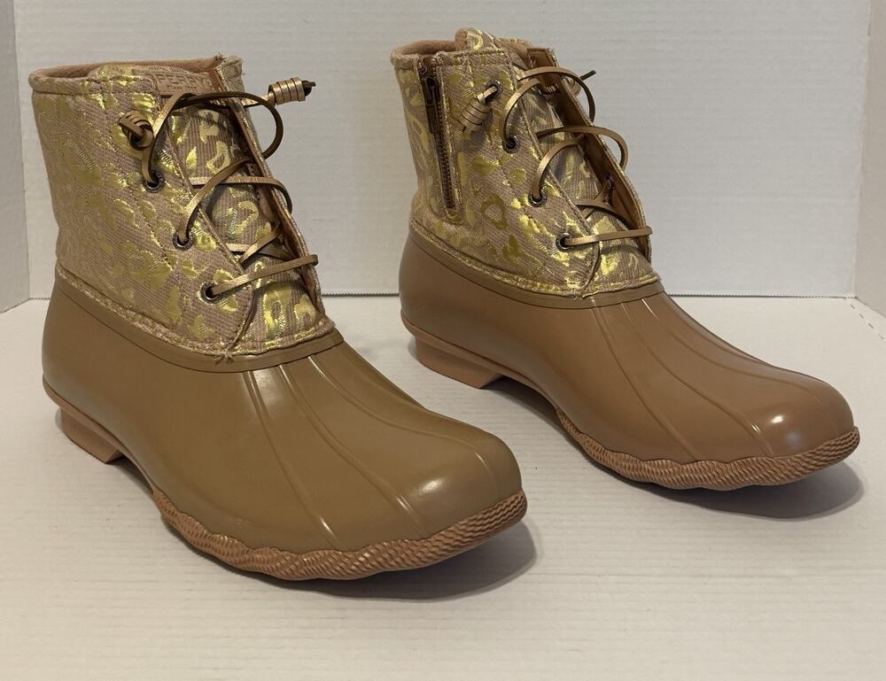 Sperry Women's Saltwater Pink Metallic Jacquard Duck/Rain Boots Size 12 NEW NIB
